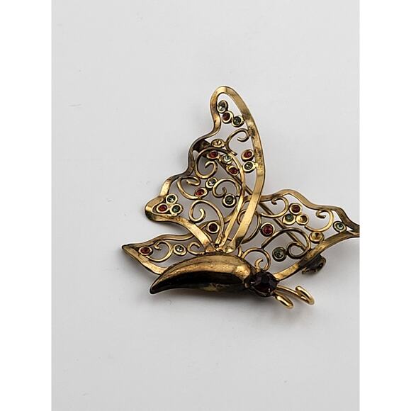 Vintage Regel 12K Gold Filled Butterfly Brooch 2" Filigree Rhinestone Pin - Picture 4 of 9